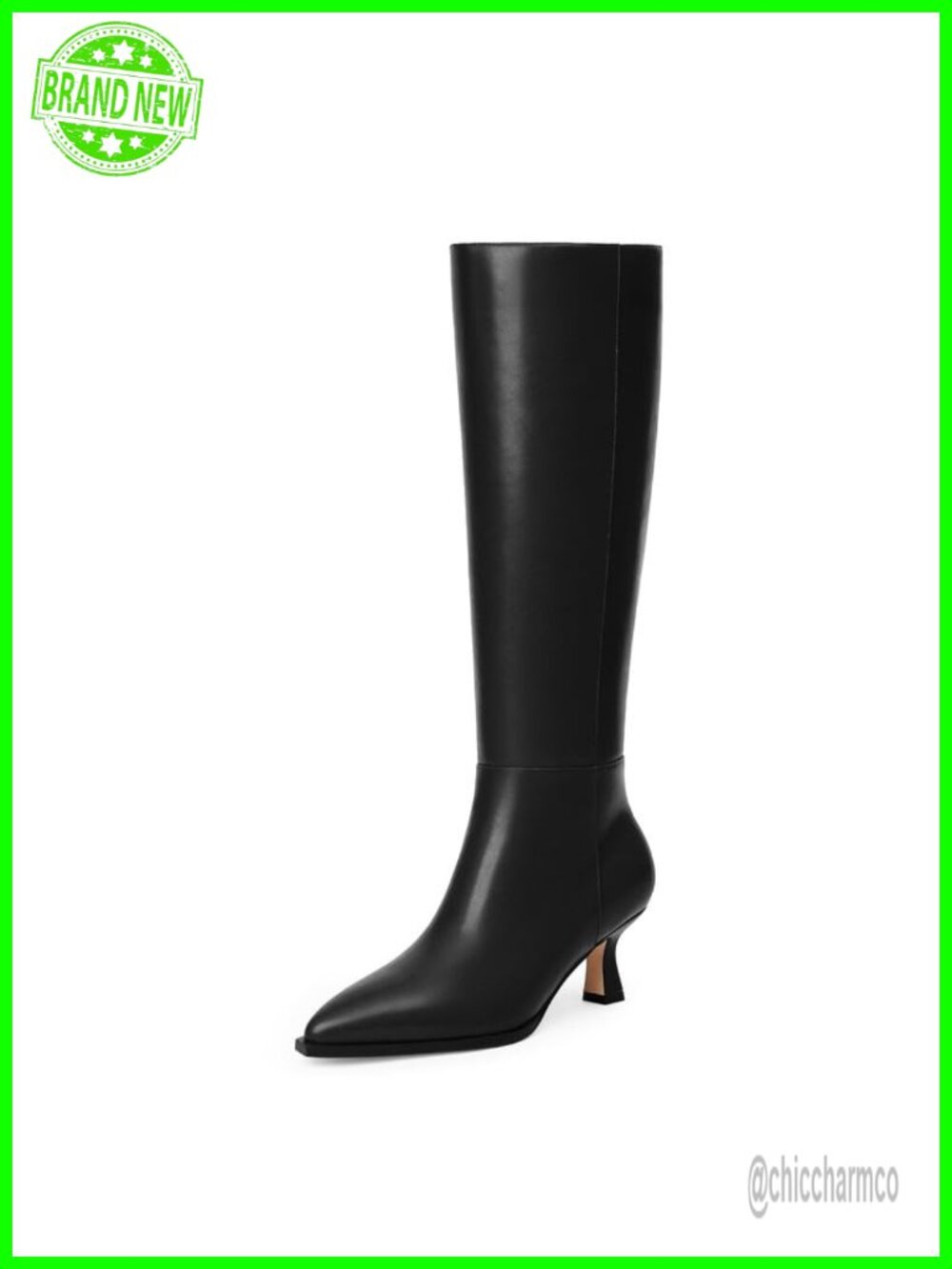 Knee High Boots for Women Kitten Heel Pointed Toe Faux Leather Side Zipper